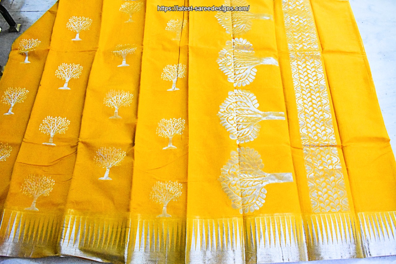 Yellow pure cotton saree with silver zari