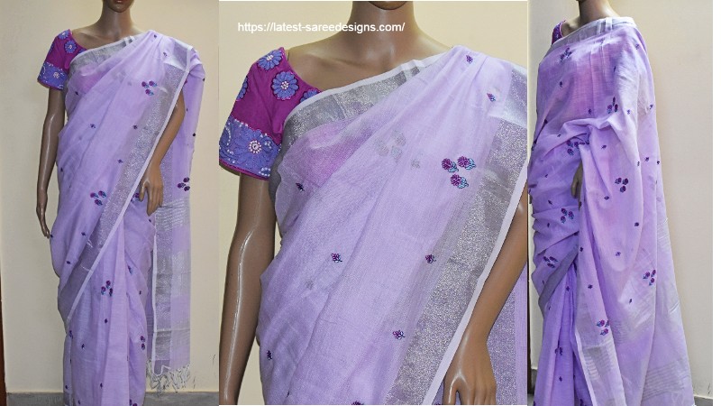 Beautiful lavender linen saree with all over embroidery