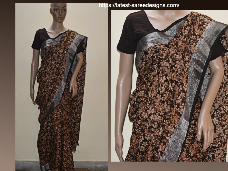 Floral print linen saree