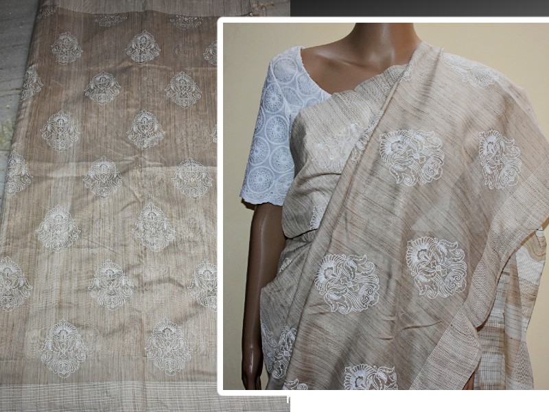 Khadi saree with block print all over